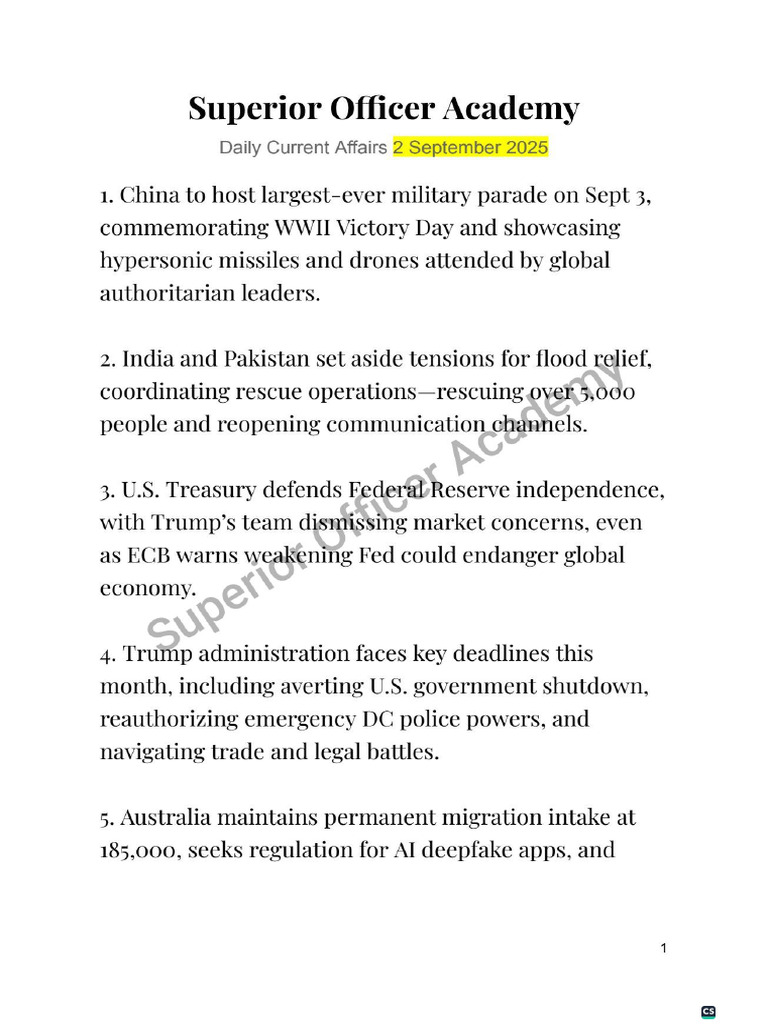 Daily Current Affairs 2 September 2025 | PDF