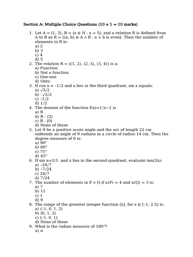 Math Relations and Functions Quiz | PDF