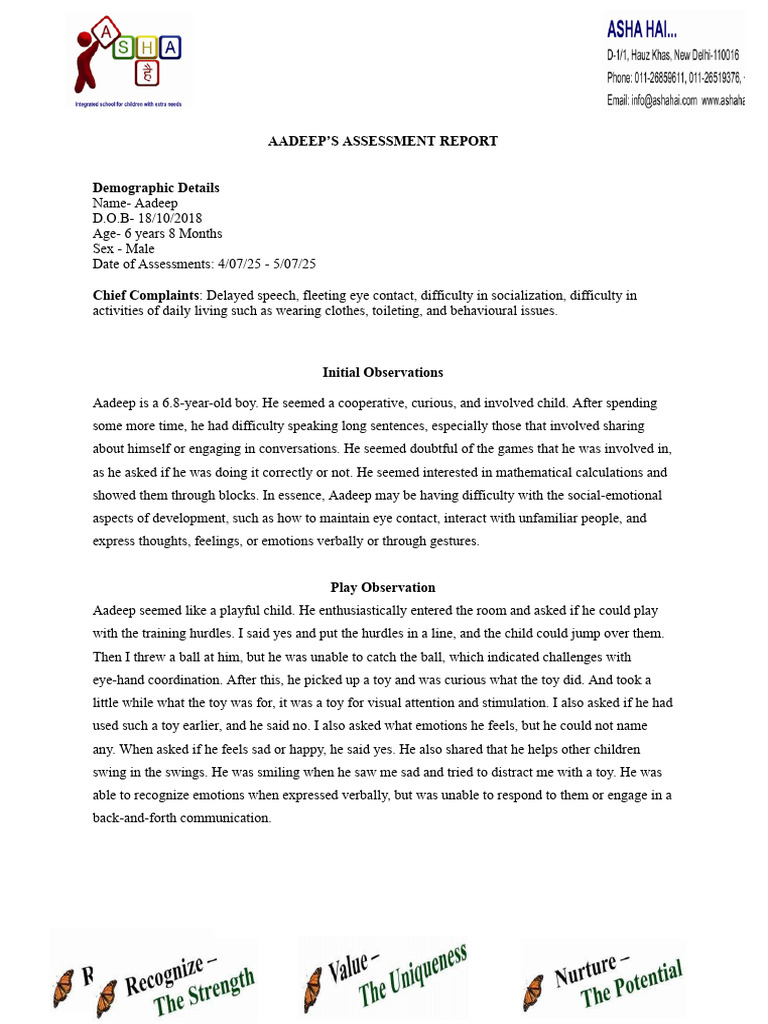 Aadeep's Developmental Assessment Report | PDF | Autism | Intelligence ...