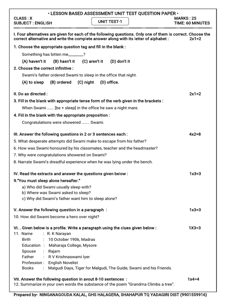 10th English LBA Unit Test Paper | PDF