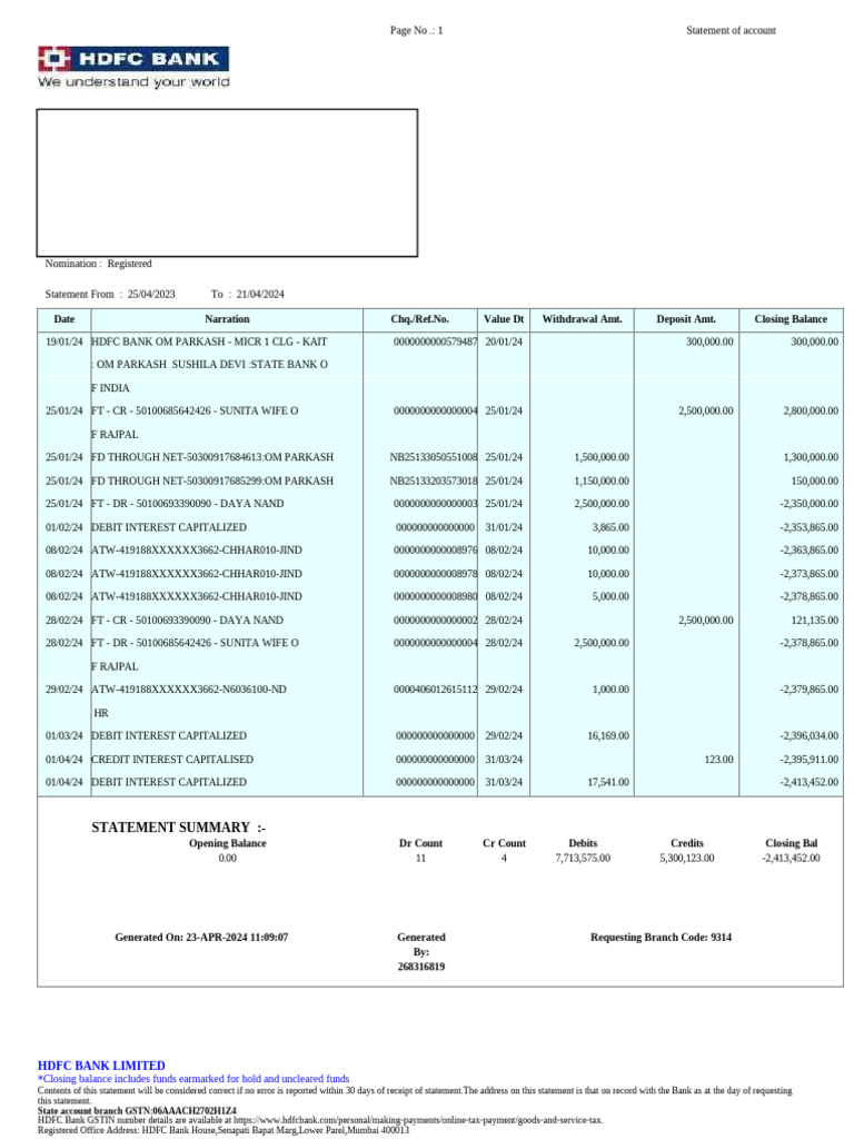 HDFC Bank Account Statement Summary | PDF | Banks | Personal Finance