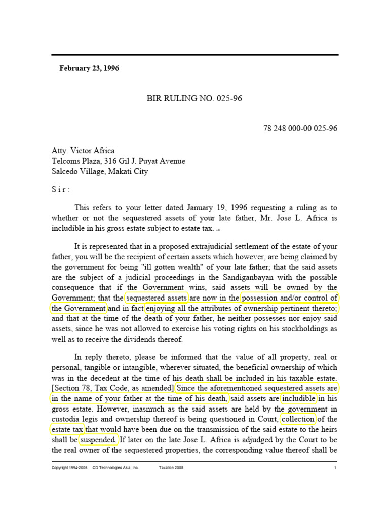 Estate Tax Ruling on Sequestered Assets | PDF | Estate Tax In The ...