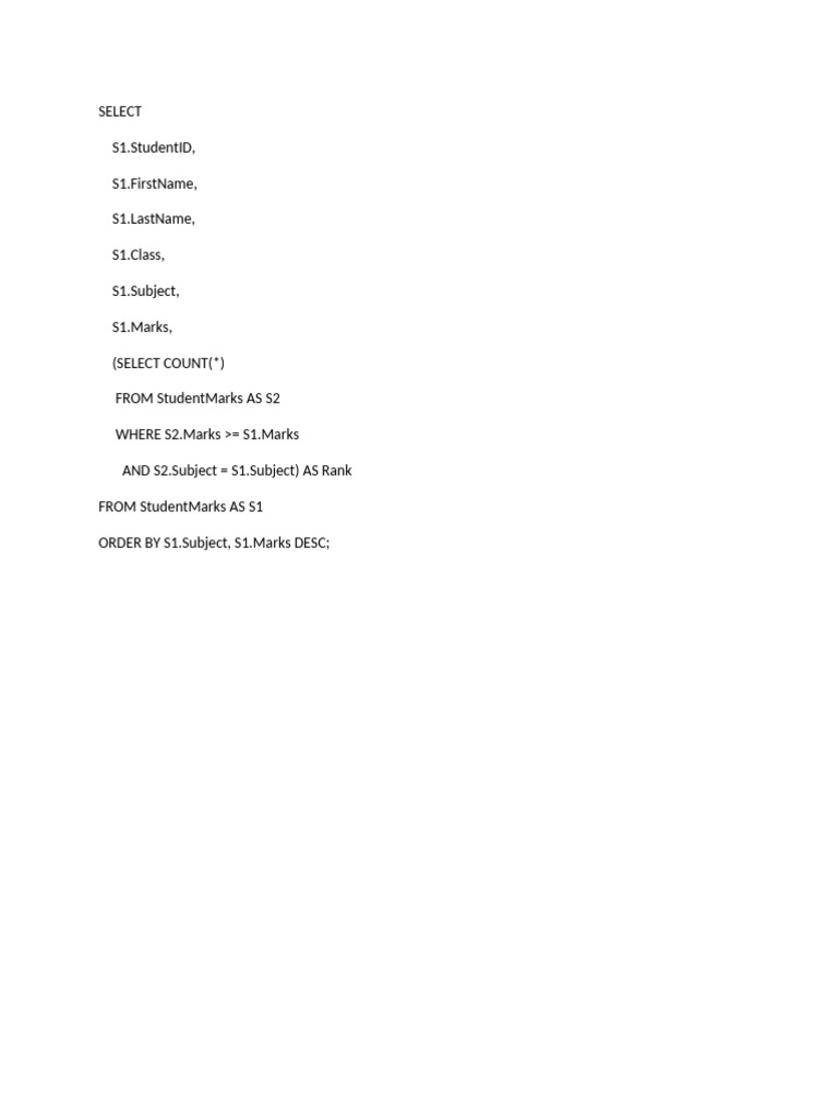 SQL Query for Student Ranking by Marks | PDF