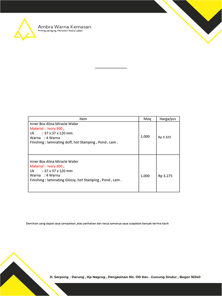 01-015 Penawaran Harga Inner Box ALina Miracle Water | PDF