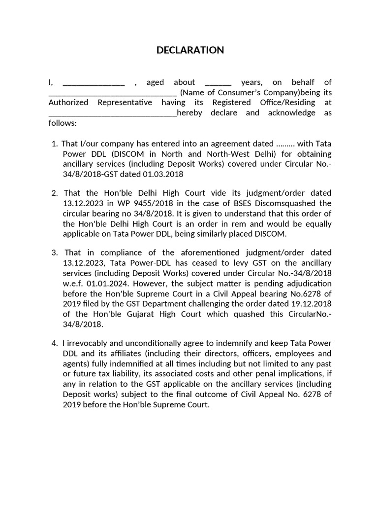 GST Indemnity Declaration for Tata Power | PDF