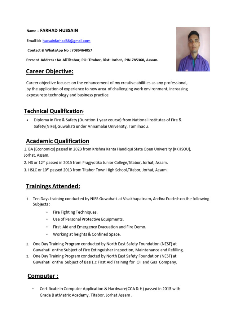 Farhad Hussain: Fire Safety Diploma CV | PDF