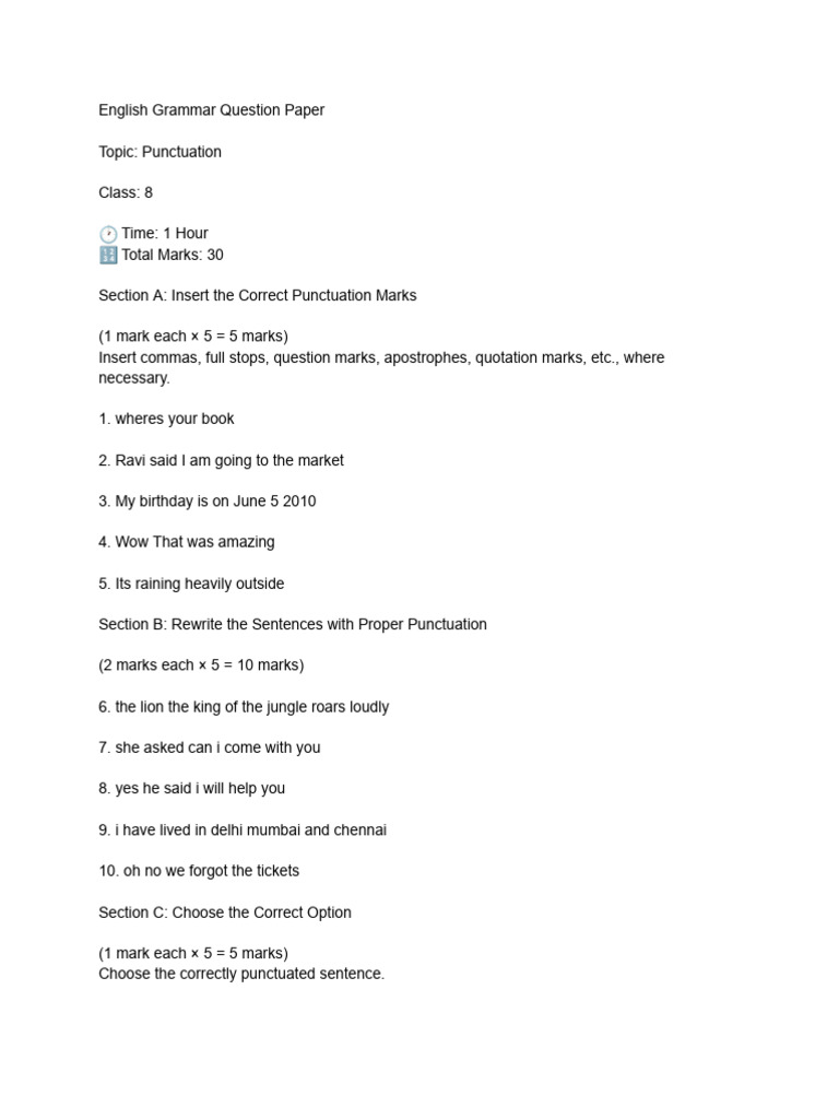 Punctuation Worksheet for Class 8 | PDF