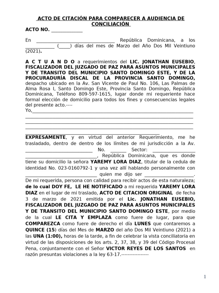 Citación para Audiencia de Conciliación | PDF | Justicia | Crimen y ...