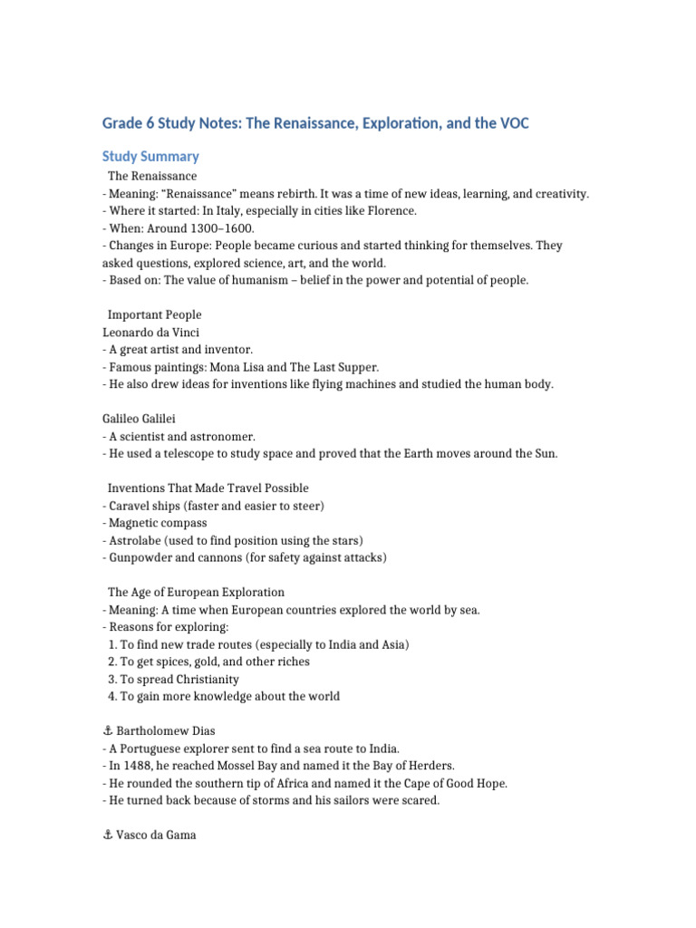 Grade 6 Renaissance and Exploration Notes | PDF | Renaissance