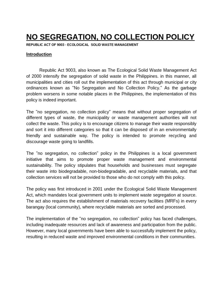 No Segregation, No Collection Policy | PDF | Waste Management | Waste