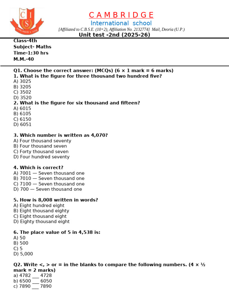Year 4 Maths Unit Test 2025-26 | PDF