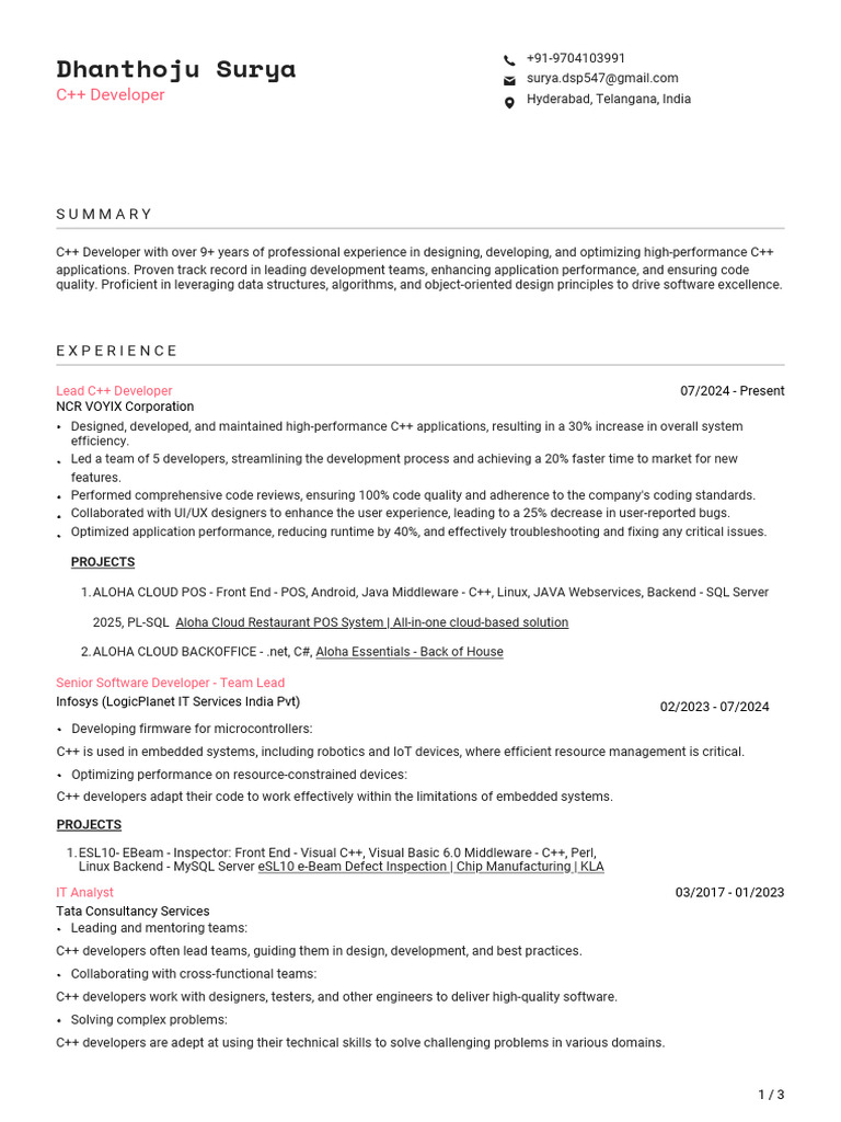 Dhanthoju Surya: C++ Developer | PDF | C++ | Cloud Computing