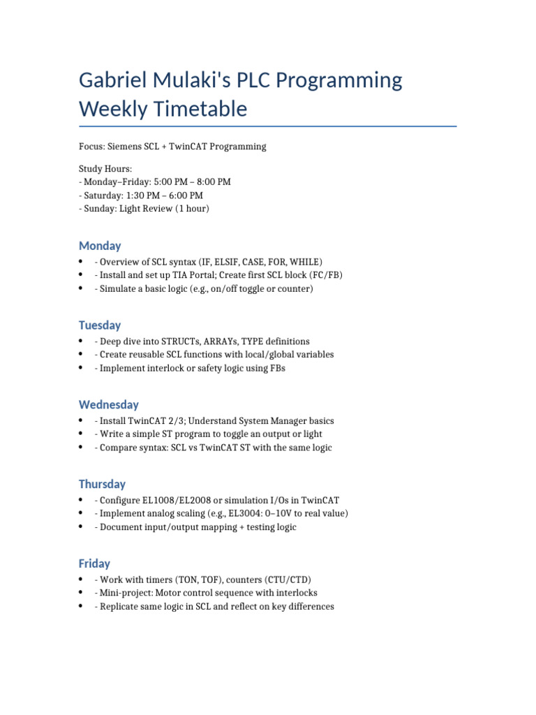 PLC Weekly Study Plan Gabriel Mulaki | PDF