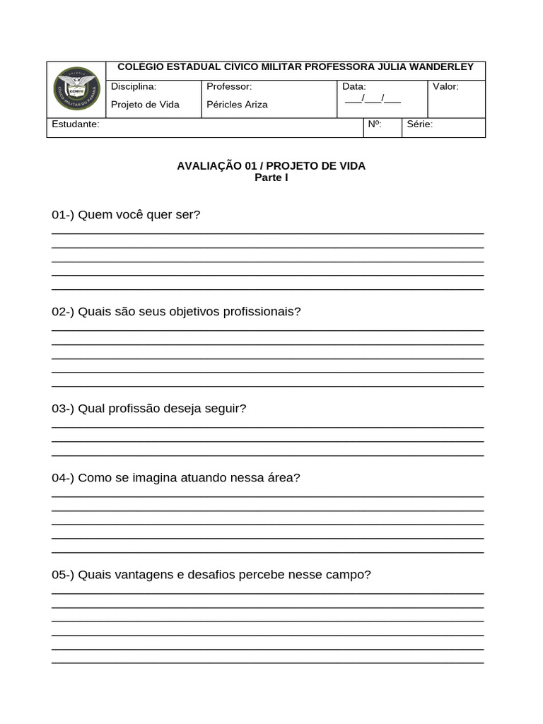 Avaliação do Projeto de Vida Escolar | PDF