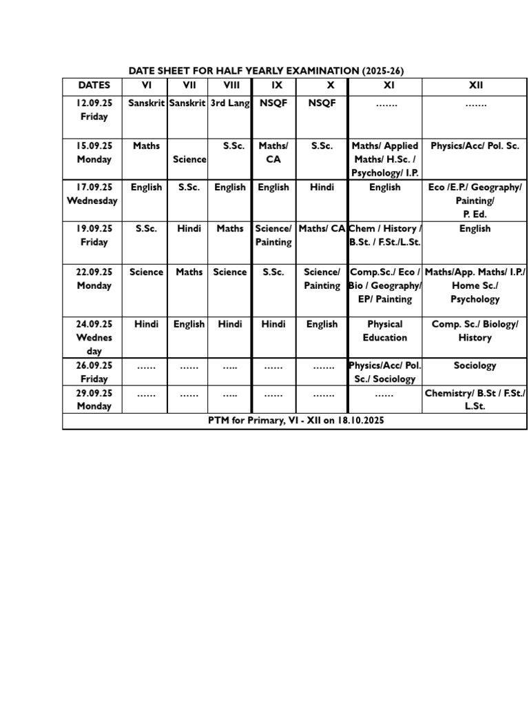 Half Yearly Exam Timetable 2025-26 | PDF