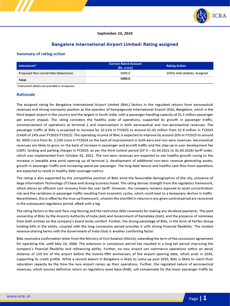 BIAL Rating Assigned: AAA Outlook Stable | PDF | Debt | Airport