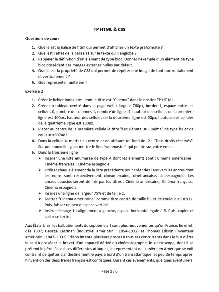 TP HTML & CSS : Exercices et Questions | PDF | Cinématographie ...