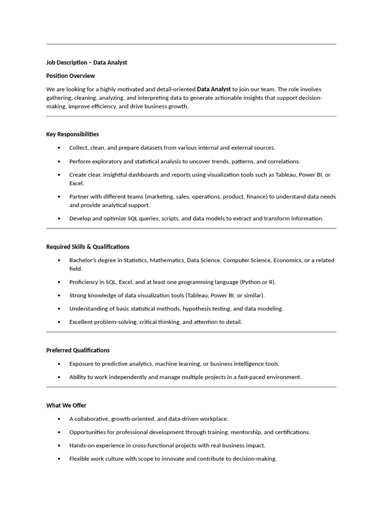 Data Analyst Job Description and Requirements | PDF