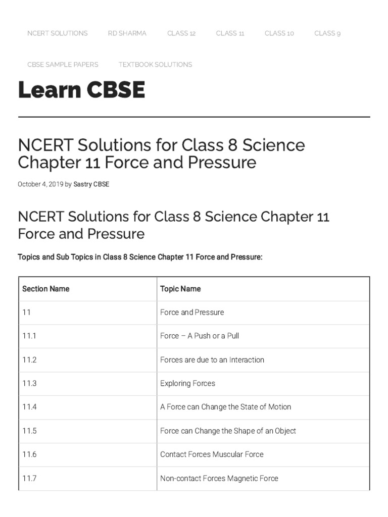 NCERT Solutions For Class 8 Science Chapter 11 Force and Pressure ...