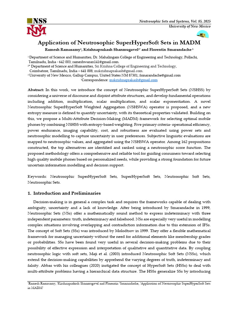 Neutrosophic SuperHyperSoft Sets in MADM | PDF | Decision Making ...