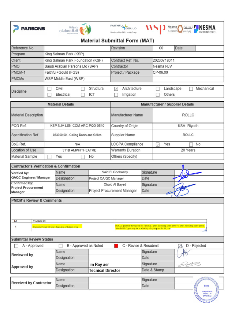Material Submittal Form for KSP Project | PDF | Door | Specification ...