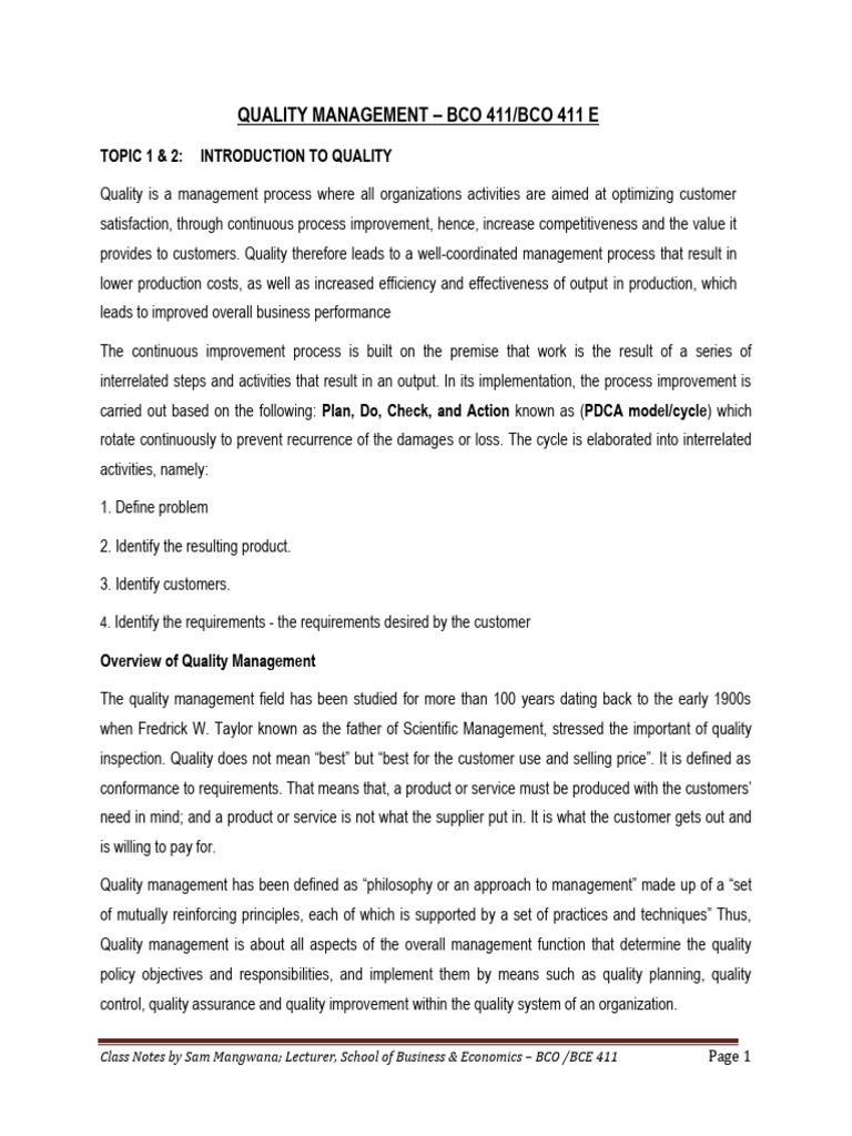 Quality Management Topic 1 & 2 Notes | PDF | Lean Manufacturing ...