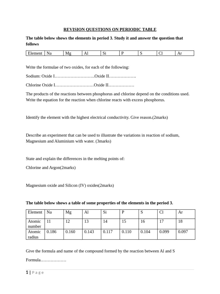Period 3 Elements: Revision Questions | PDF | Chlorine | Magnesium