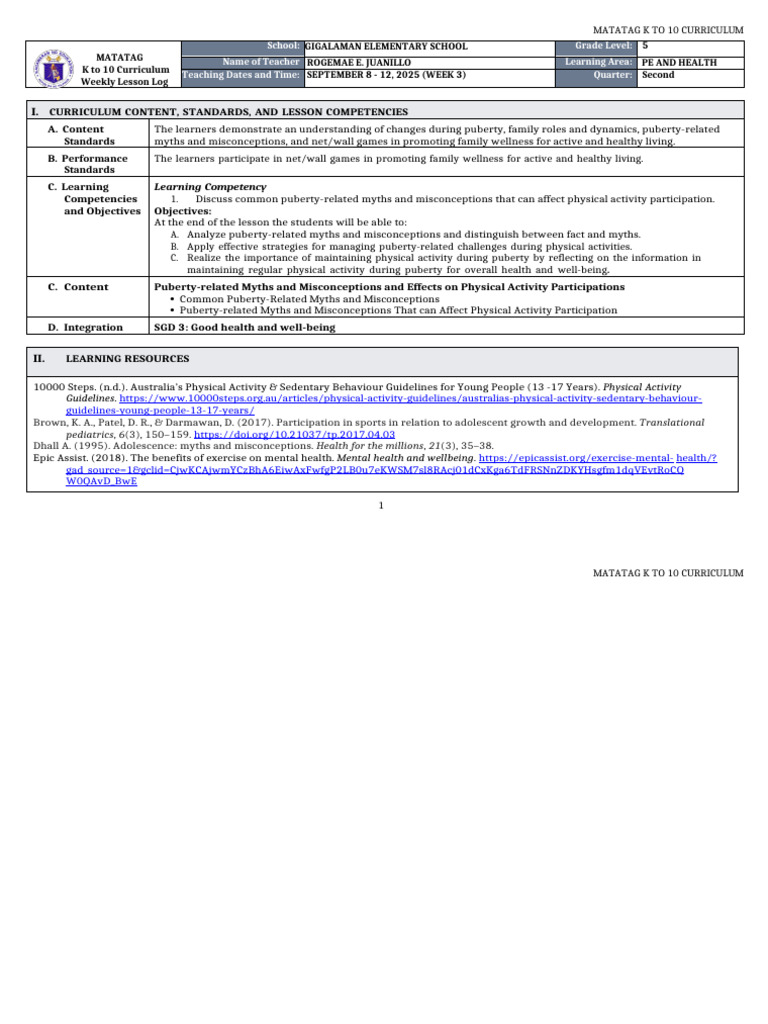 DLL Matatag - Pe&health 5 q2 w3 | PDF | Adolescence | Physical Fitness