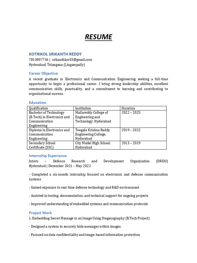 Kotrikol Srikanth Reddy Resume (1) - 1 | PDF | Communication | Computing