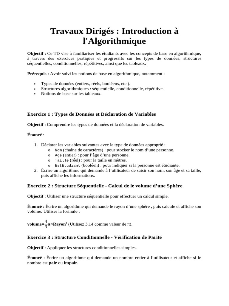 Introduction à l'Algorithmique : TD et Exercices | PDF | Entier naturel ...