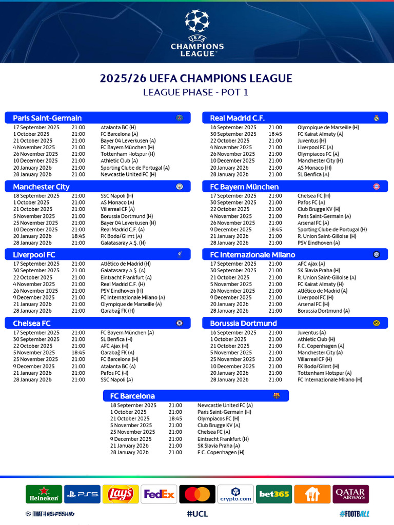 UEFA Champions League 2025/26 Fixtures | PDF | Uefa Champions League ...