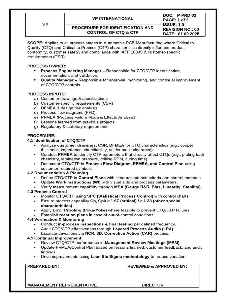 CTQ and CTP Control Procedures | PDF