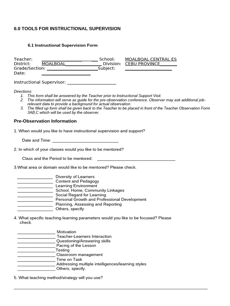 Instructional Supervision Forms Guide | PDF | Teachers | Learning