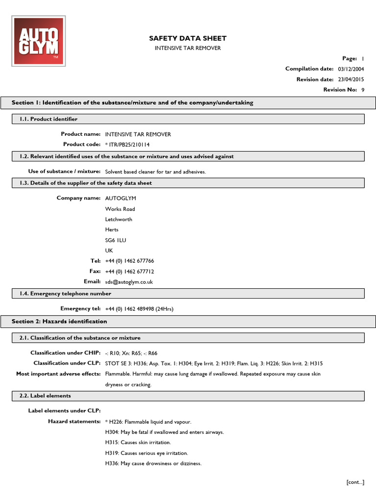 Autoglym Intensive Tar Remover SDS | PDF | Occupational Safety And ...