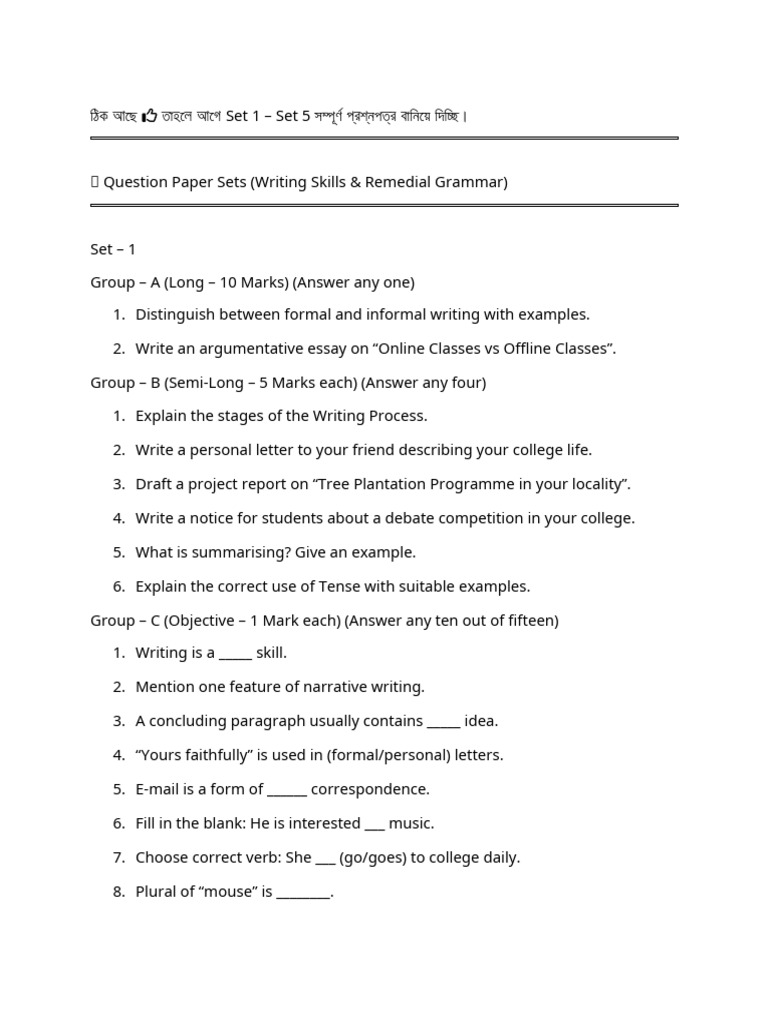 Writing Skills & Grammar Question Sets | PDF | Verb | Essays