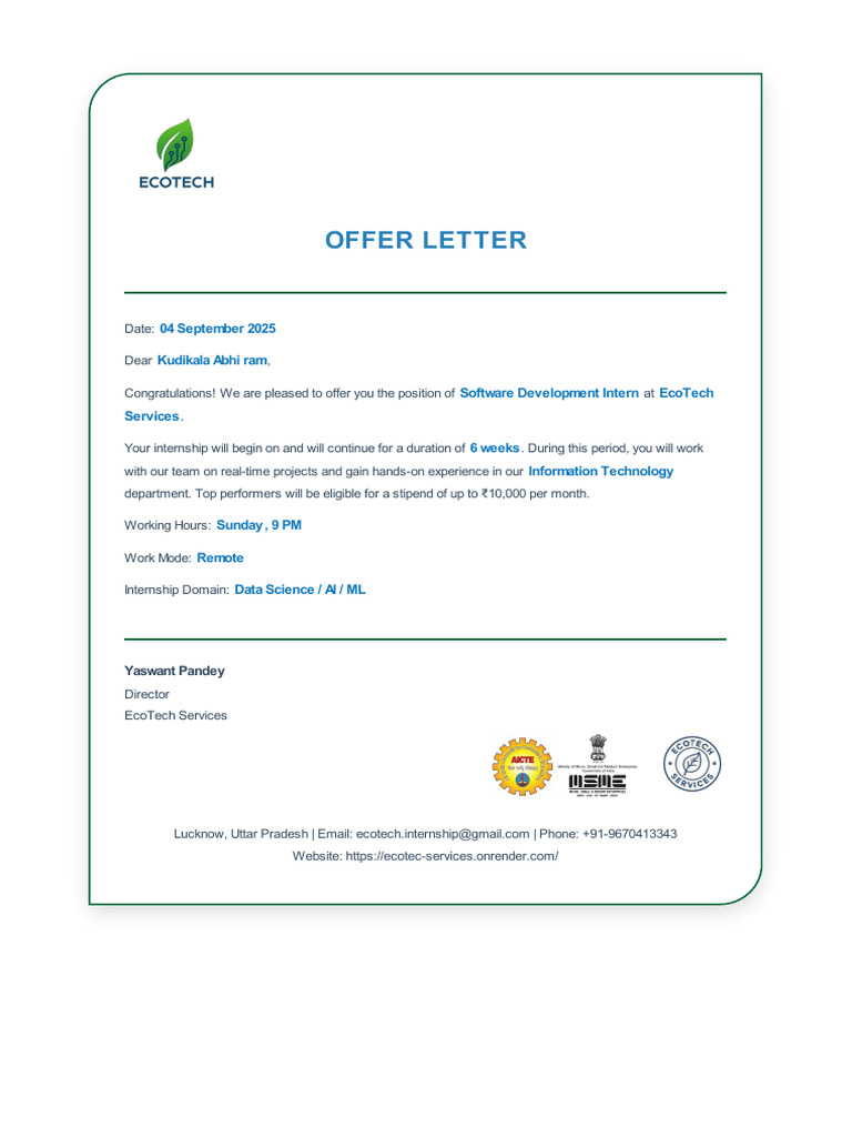 Software Development Intern Offer Letter | PDF