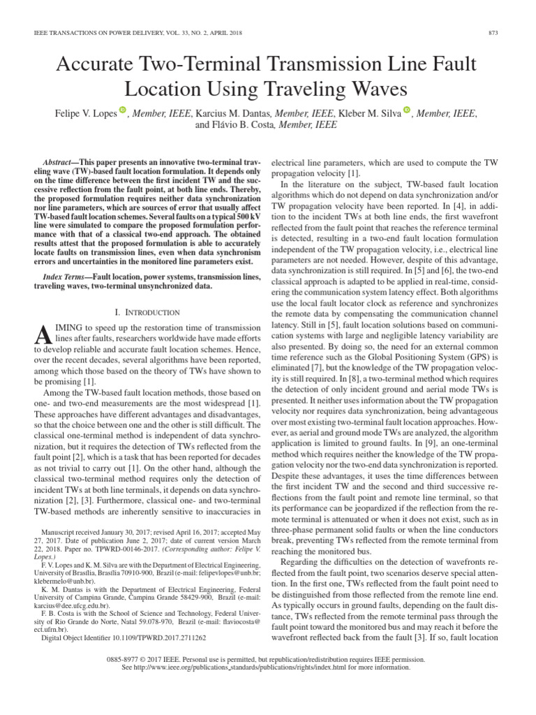 Two-Terminal Fault Location via TWs | PDF | Electric Power Transmission ...