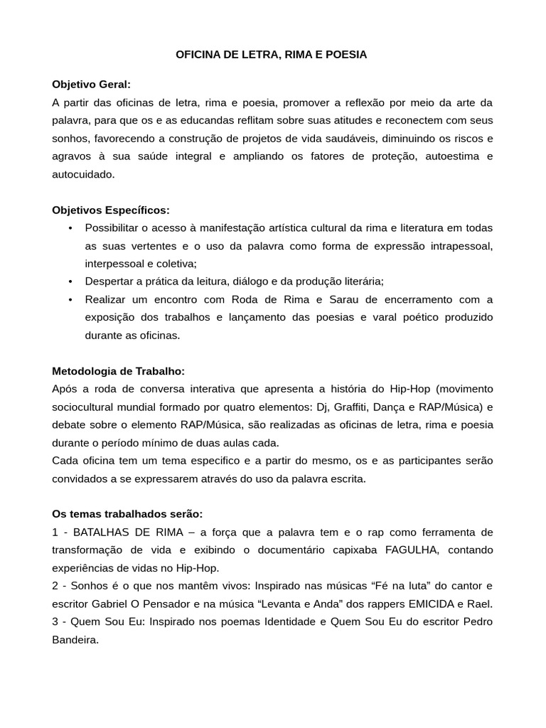 Oficina de Poesia e Rima para Jovens | PDF | Poesia | Rap (gênero musical)