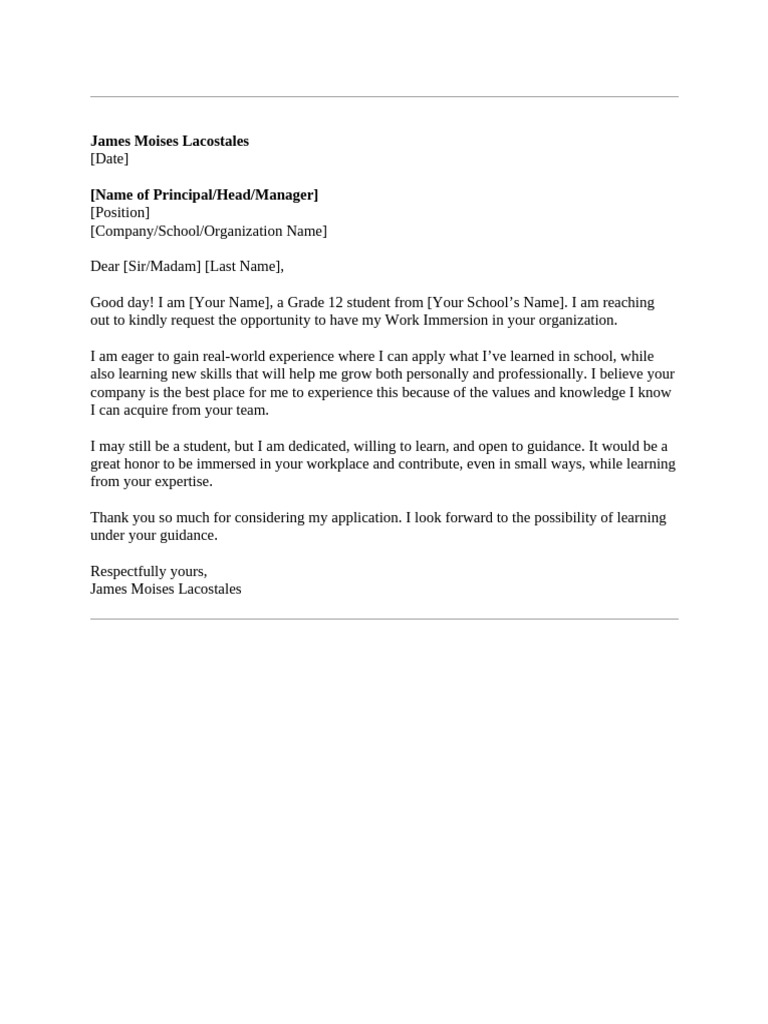 Work Immersion Request Letter Template | PDF