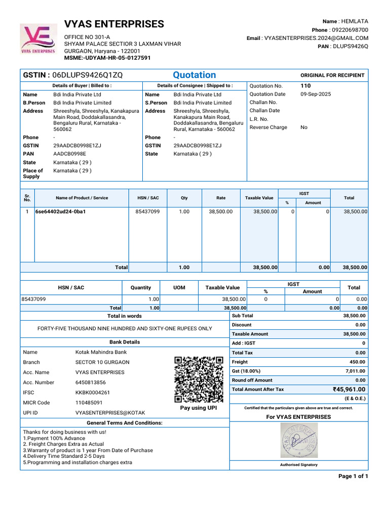 Quotation 110 Bdi India Private LTD Bdi India Private Limite 1 | PDF ...