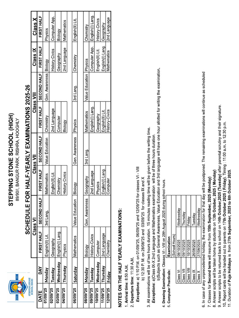 Half Yearly Examination Schedule 2025 26 (VI X) 1 | PDF