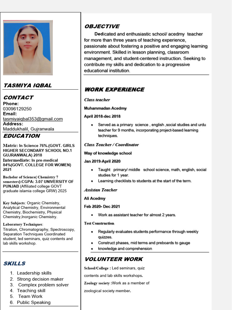 Teacher CV for Pakistan Educators | PDF | Teachers | Learning