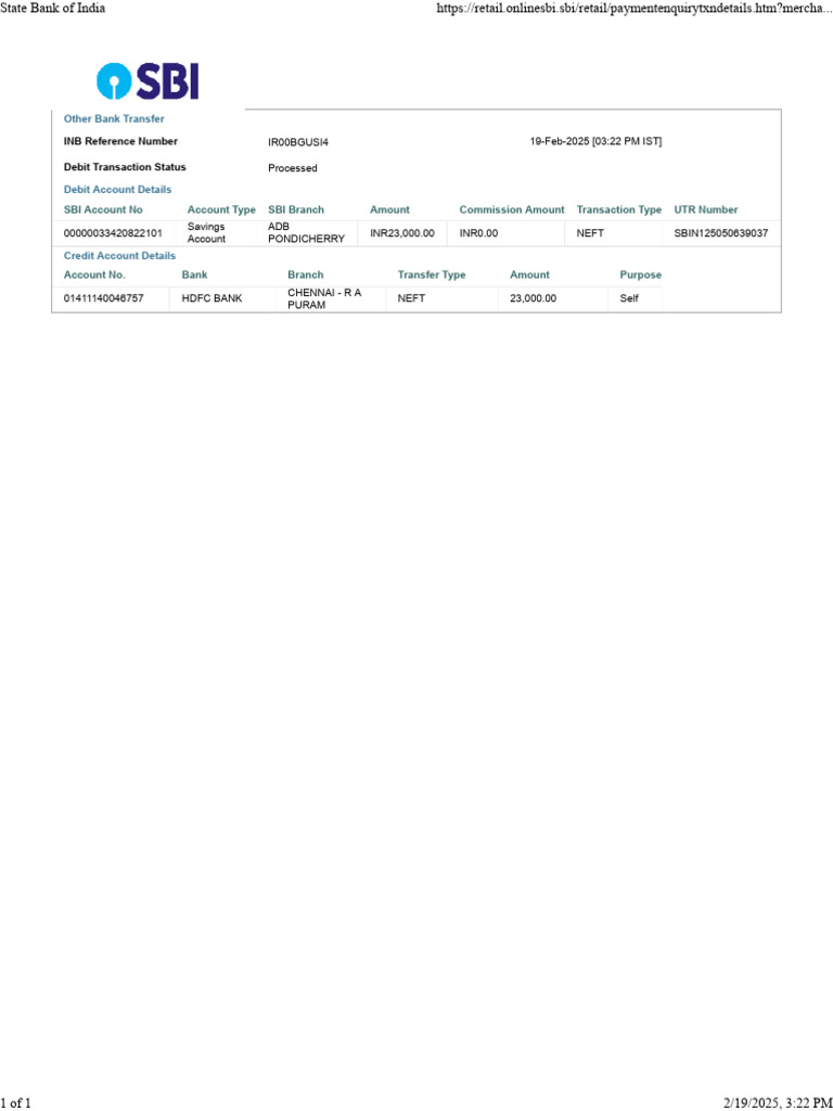 SBI UTR Number for NEFT Transfer | PDF