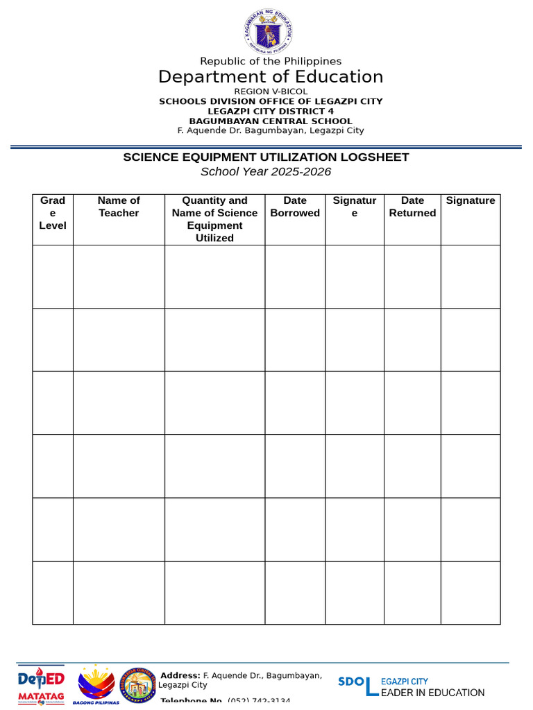 Science Equipment Utilization Logsheet | PDF
