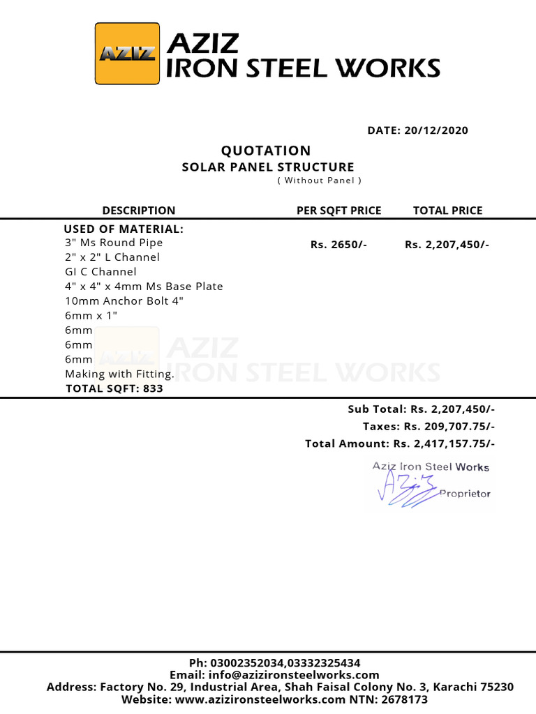 Solar Panel Structure Quotation Karachi | PDF