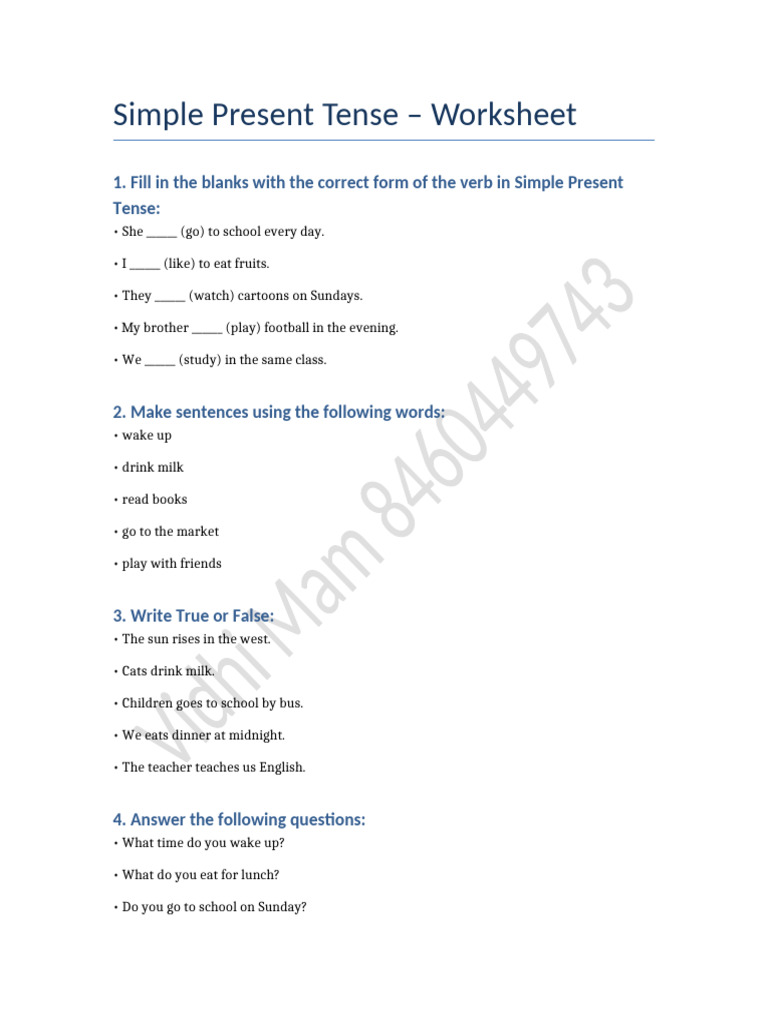 Simple Present Tense Worksheet | PDF
