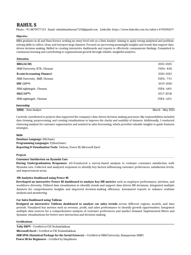 Entry-Level Data Analyst Resume | PDF | Analytics | Spss