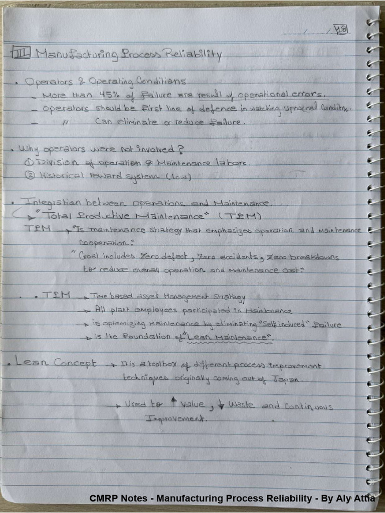 CMRP Notes - Manufacturing Process Reliability - Aly Attia | PDF
