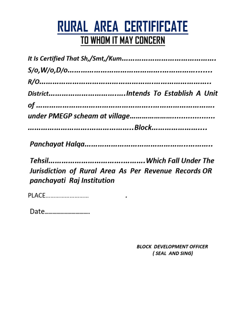 Rural Area Certificate for PMEGP Application | PDF