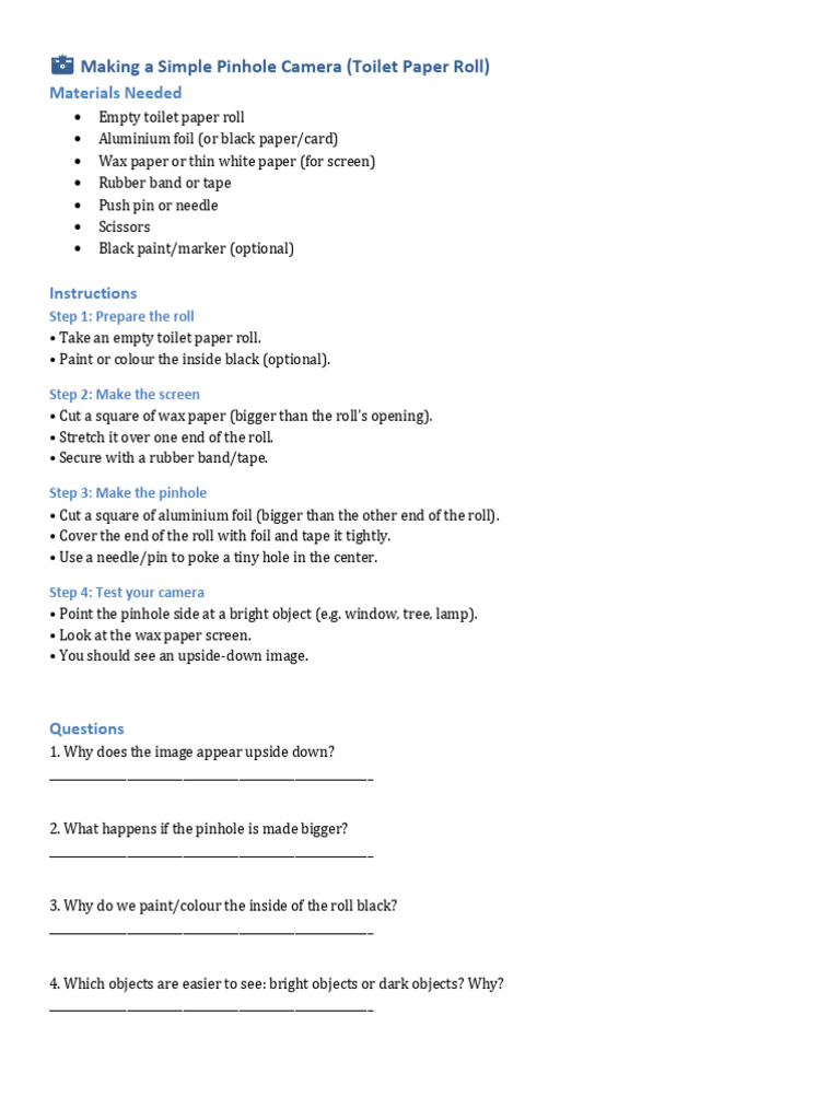 Pinhole Camera Project Worksheet | PDF